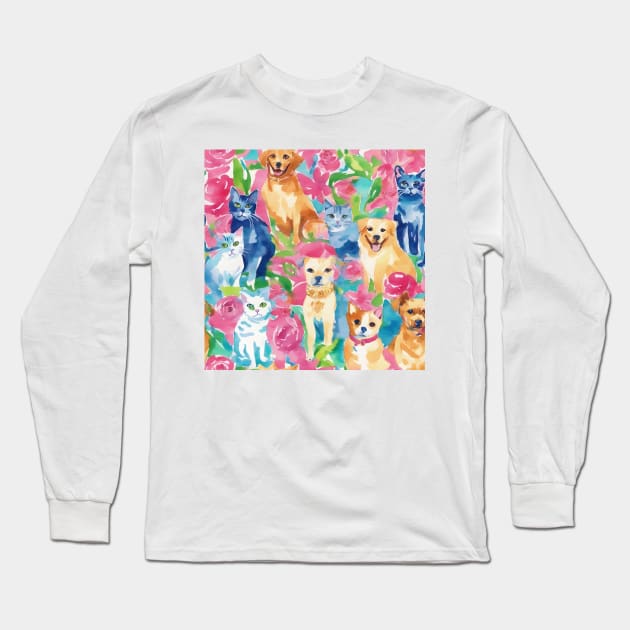 Cats, dogs and roses watercolor painting Long Sleeve T-Shirt by SophieClimaArt